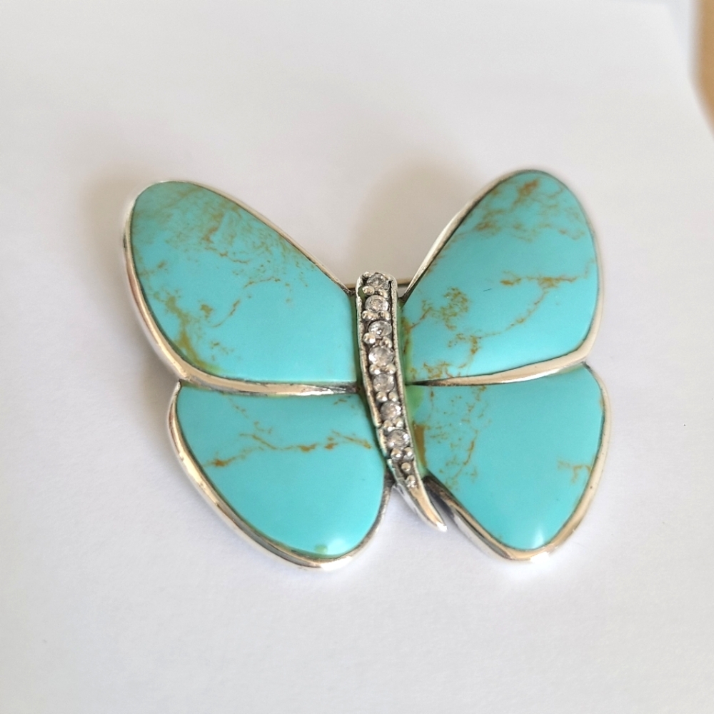 Vintage Boho Large Chunky Turquoise Butterfly Sterling Silver Statement Brooch